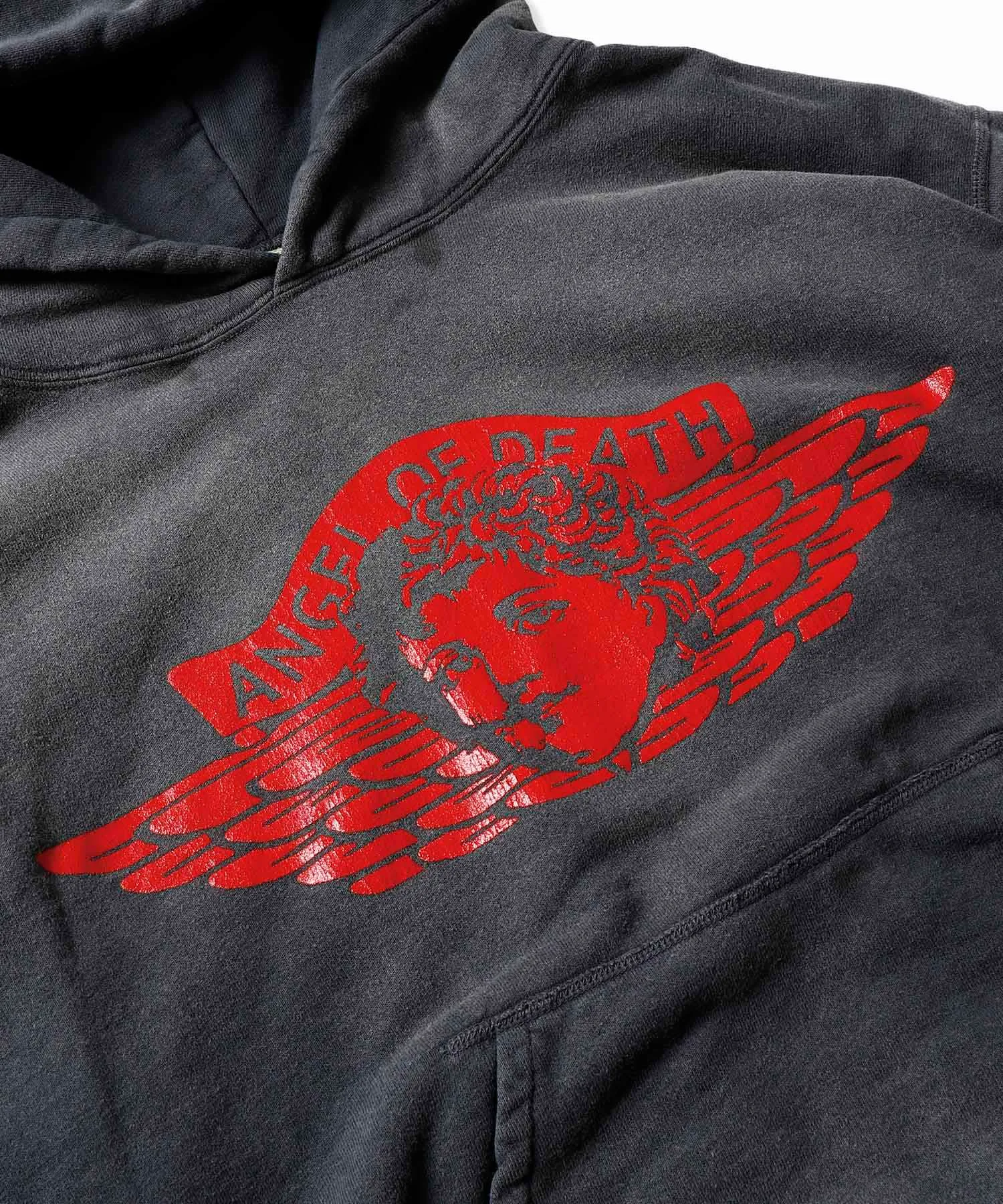 SAINT Mxxxxxx ANGEL HOODIE/BLK Angel Rebirth Crack Printed Retro Distressed Hoodie Assute dyeing, full-length spray-on fade, heavy fermentation wash, NEW VINTAGE texture, factory four-needle and six-thread workmanship, boneless patchwork, more comfortable to wear, genuine level crack print/accessories restored